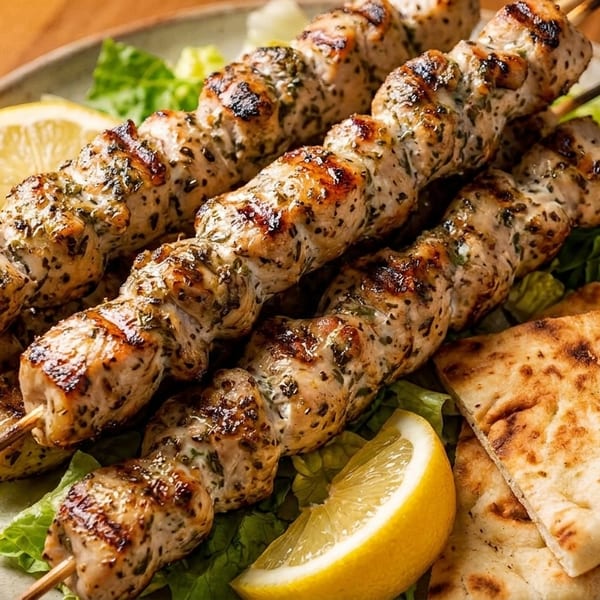 Three grilled chicken skewers with herbs, lemon wedges, and pita bread on a bed of lettuce.