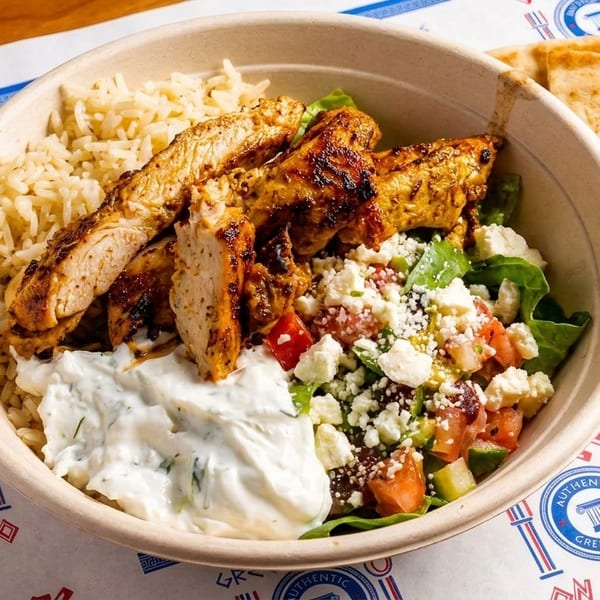 A Greek chicken bowl with rice, salad, feta, tzatziki, and pita bread on a branded paper.