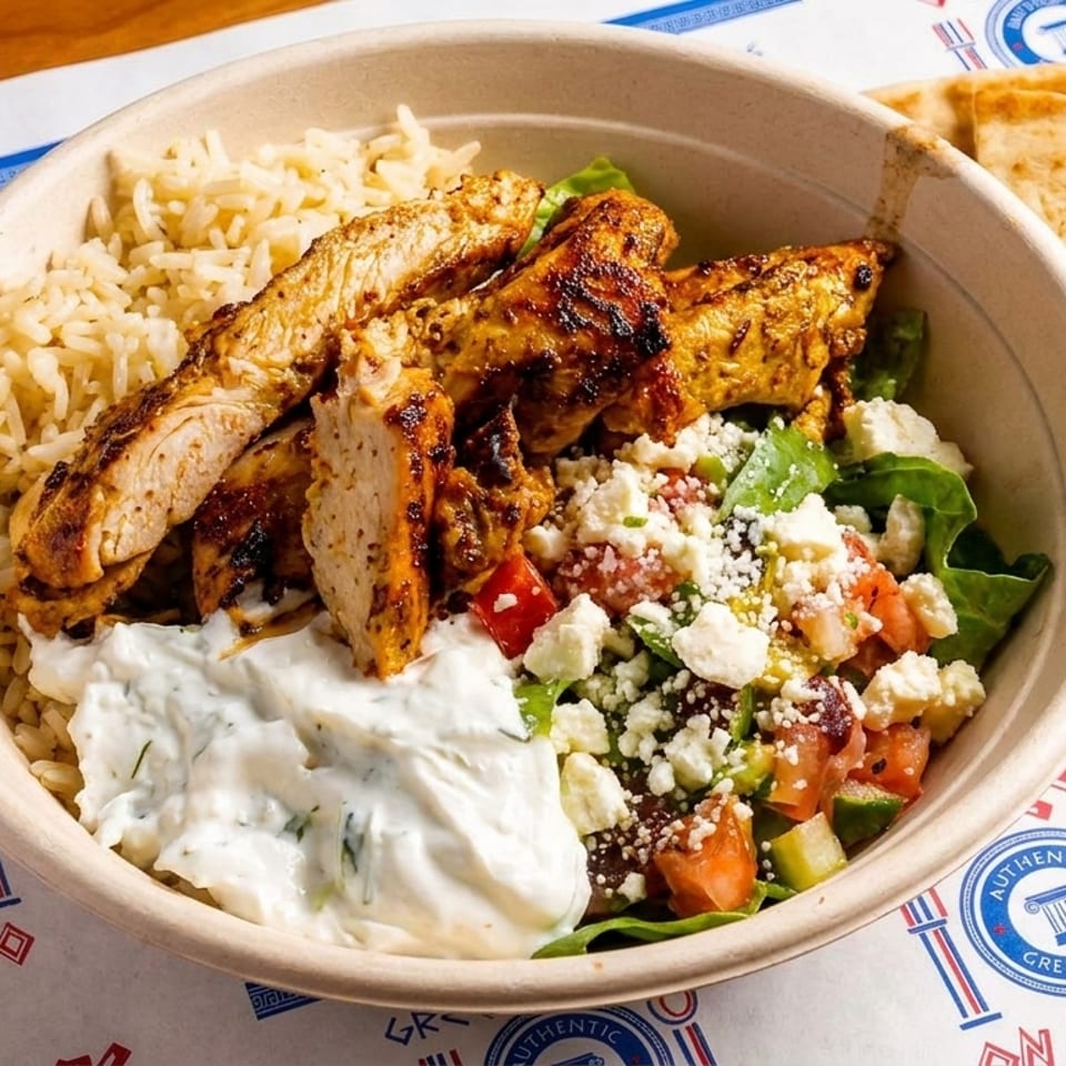A Greek chicken bowl with rice, salad, feta, tzatziki, and pita bread on a branded paper.
