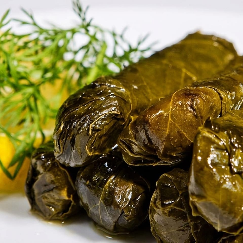 Close-up of dolmades (stuffed grape leaves) with a lemon slice and fresh dill on a white plate.