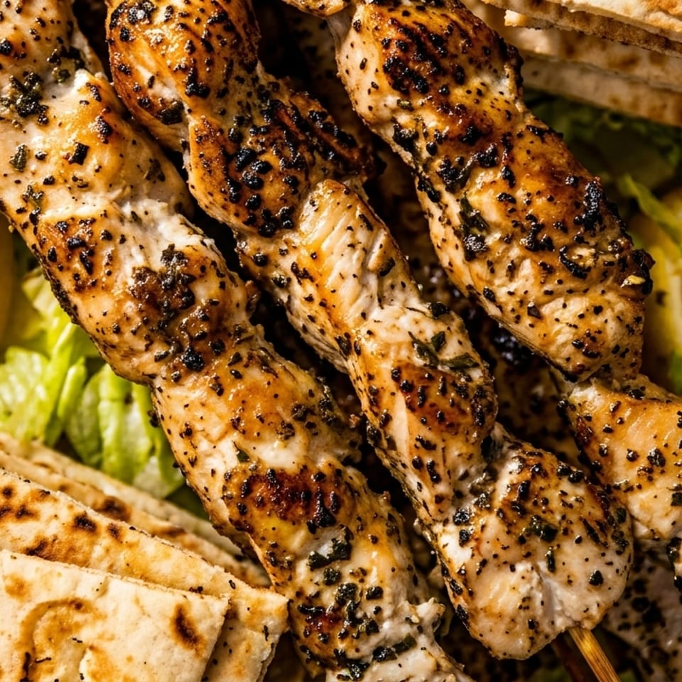 Grilled chicken souvlaki skewers with pita bread, lemon wedges, and lettuce in a metal tray.