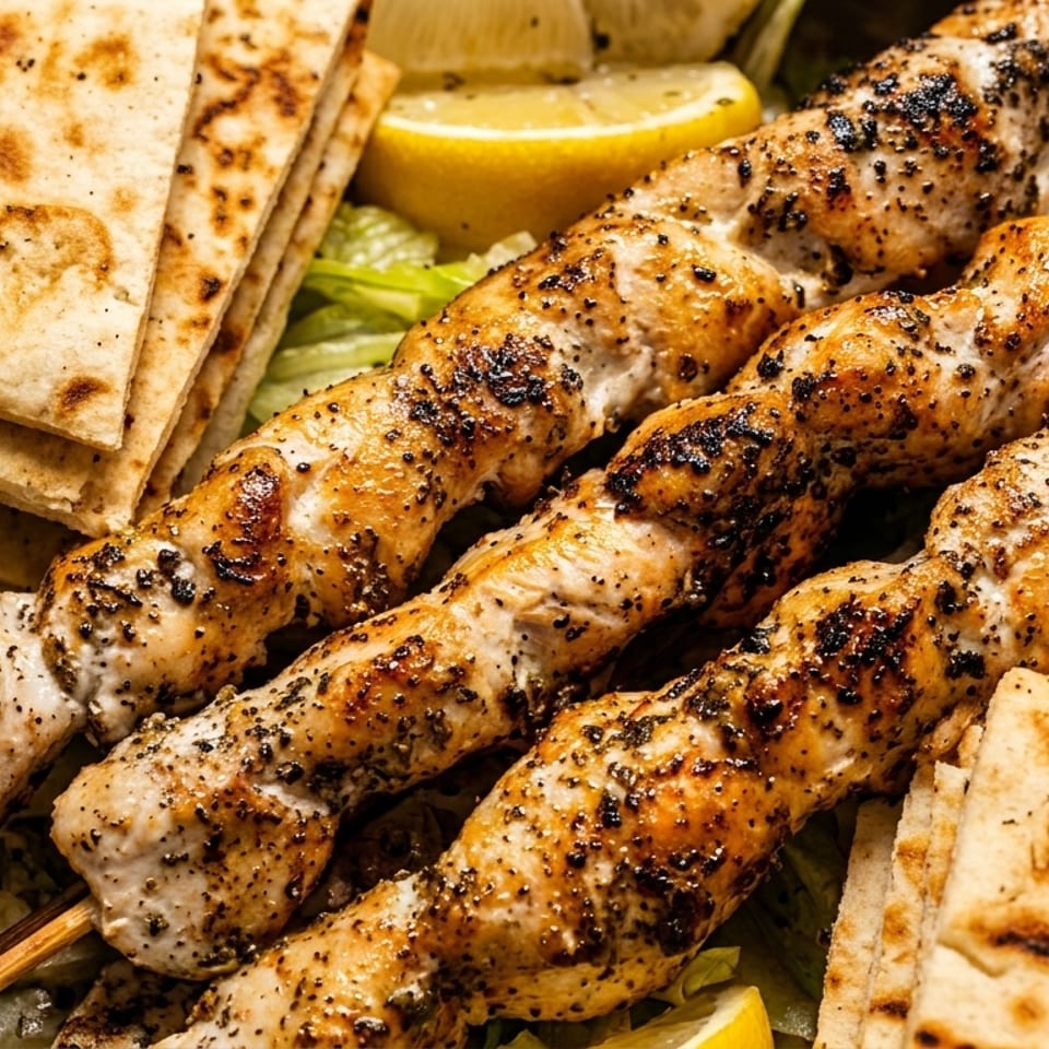 Grilled chicken souvlaki skewers with pita bread, lemon wedges, and lettuce.