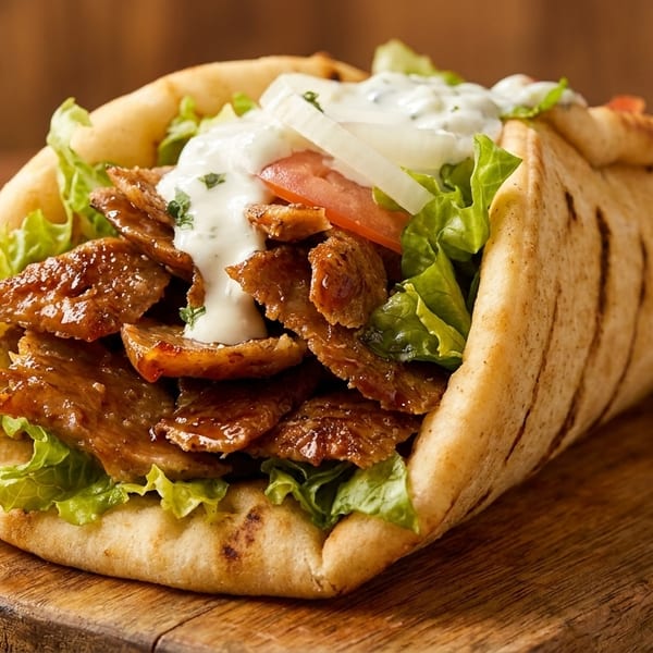 A delicious gyro with meat, lettuce, tomato, onion, and tzatziki sauce on pita bread.