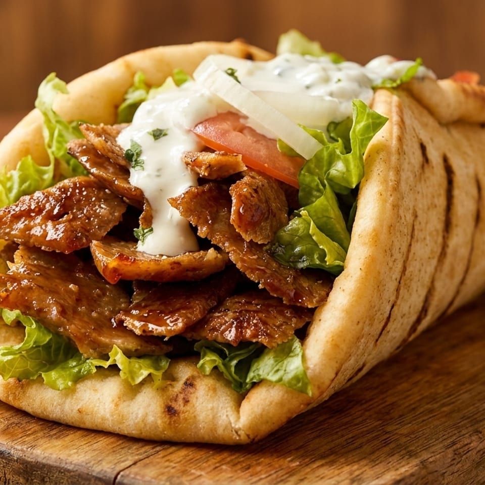A delicious gyro with meat, lettuce, tomato, onion, and tzatziki sauce on pita bread.