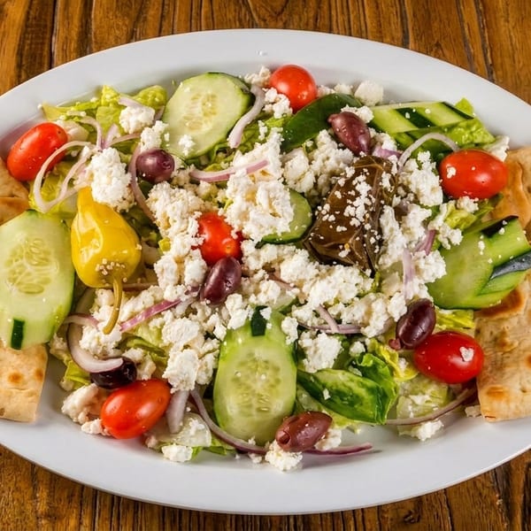 A vibrant Greek salad with feta, olives, tomatoes, cucumbers, and pita bread on a white plate.