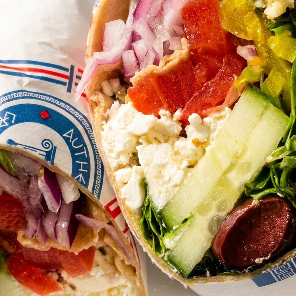Two Greek wraps, one cut open, revealing fresh vegetables, feta, and olives.