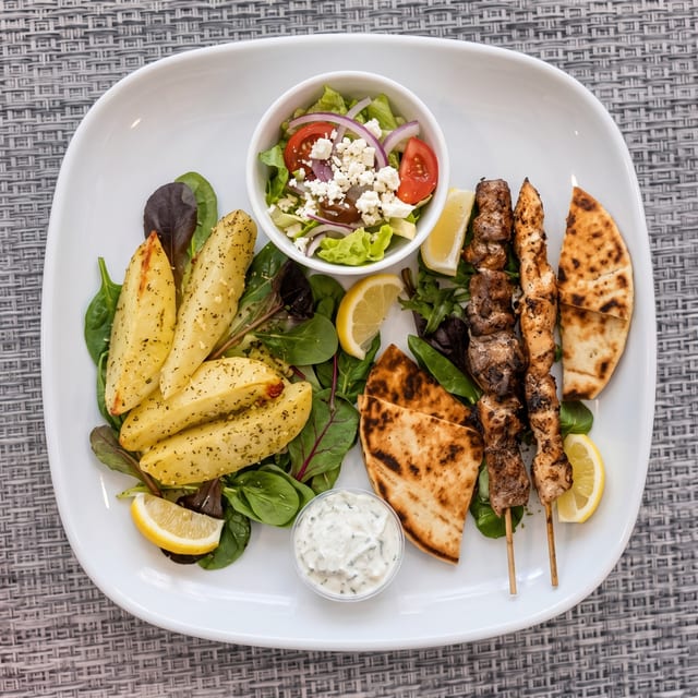 Souvlaki Combo Pork and Chicken Platter.