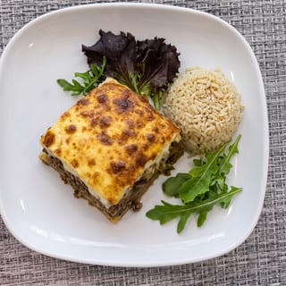 Moussaka with Rice & Salad