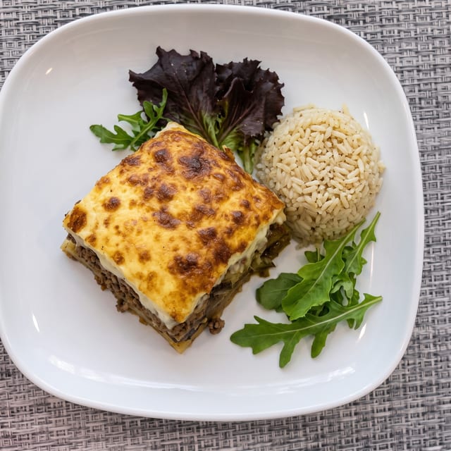 Moussaka with Rice & Salad.