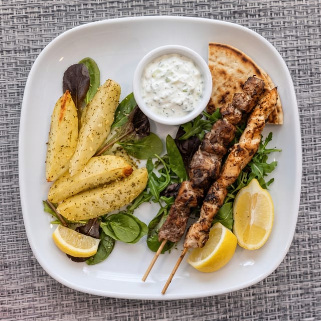 Chicken Souvlaki Platter.