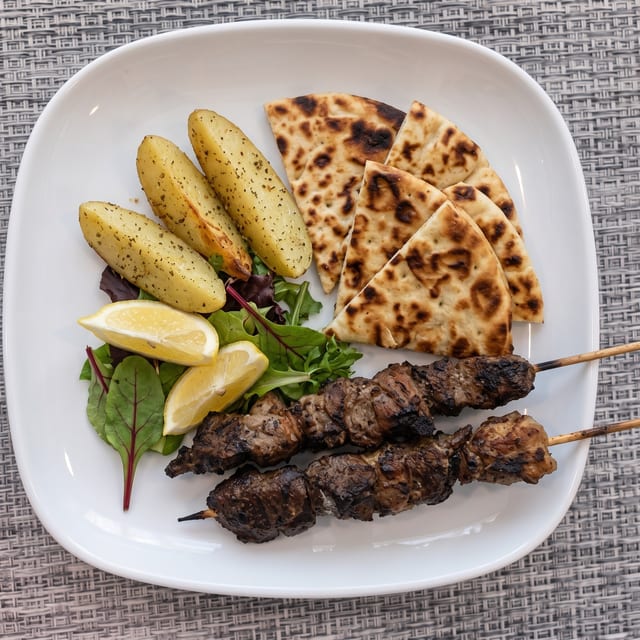 Lamb Souvlaki Platter.